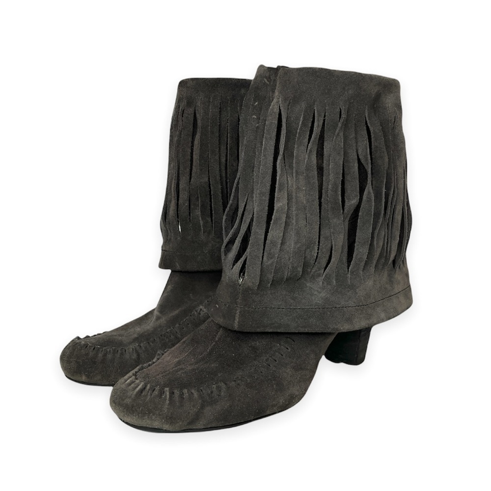 Born Banbury Gray Suede Leather Heel Fringe Ankle Booties Slip On Size 7.5 - Picture 2 of 10